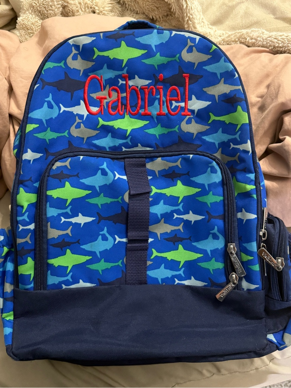 Personalized Blue Shark Print Backpack with Red Name Embroidery
